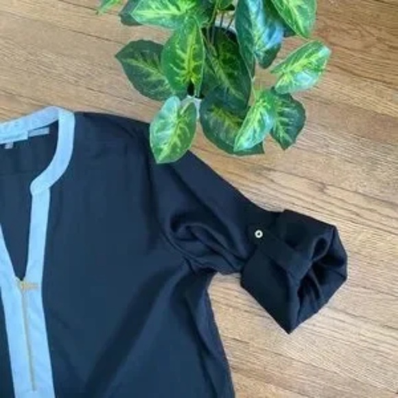 Calvin Klein Two-Tone Black & White Contrast Long Sleeve Half Zip Blouse Size L - Picture 8 of 10